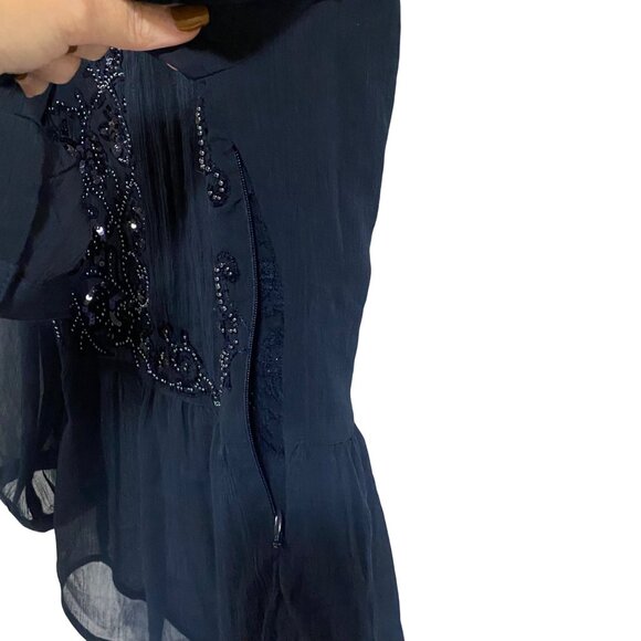 Anthropologie Maeve Helene Sequined Embellished Peplum Navy Blue Blouse Size 2 - Picture 5 of 10